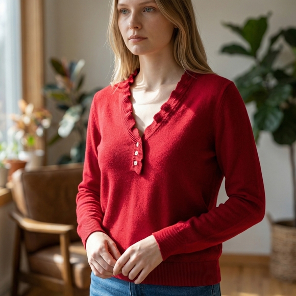 Ralph Lauren Red V-Neck Sweater Ruffle Trim Button Placket Cotton Small - Picture 7 of 7